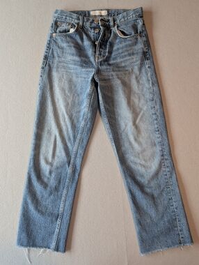 Topshop Editor High Rise Straight Leg Raw Hem Jeans Blue Wash 100% Cotton 25" W